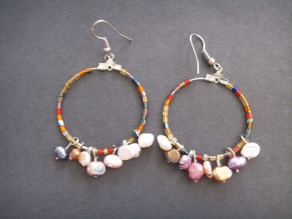 Hand Made Natural Pearls Dangle Hoop Earrings Multi-colored Beach Mermaid Boho